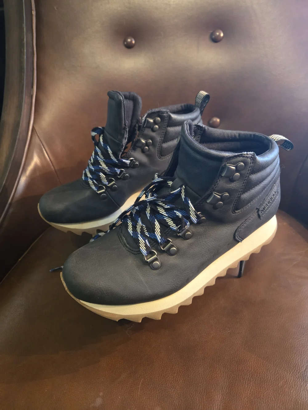 Merrell Black Womens size 8 Ankle Boots with Blue and White Laces